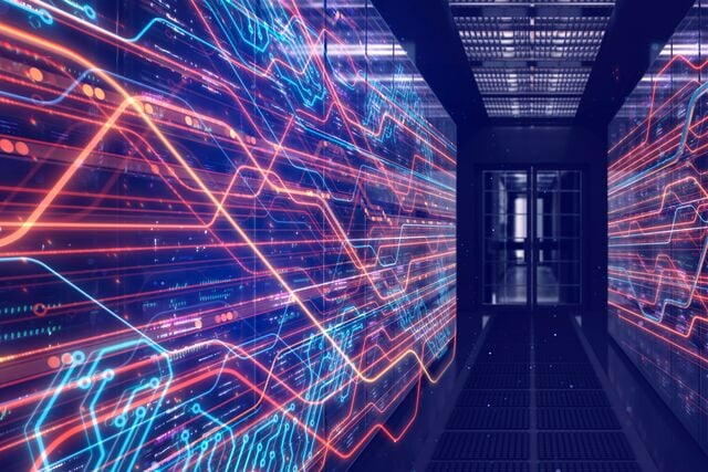 A high-tech server room corridor with vibrant blue and orange data visualizations projected on the walls, symbolizing advanced digital infrastructure and data flow.